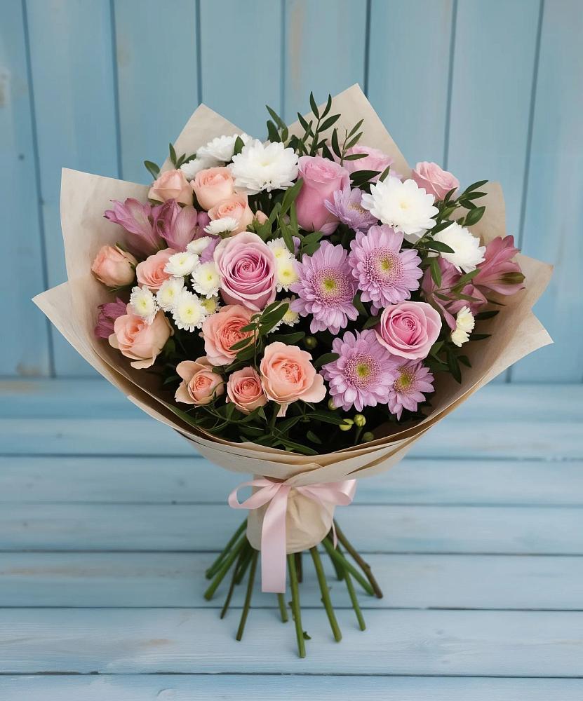 Букет цветов из: Хризантемы, Розы и Альстромерии в Кошелево