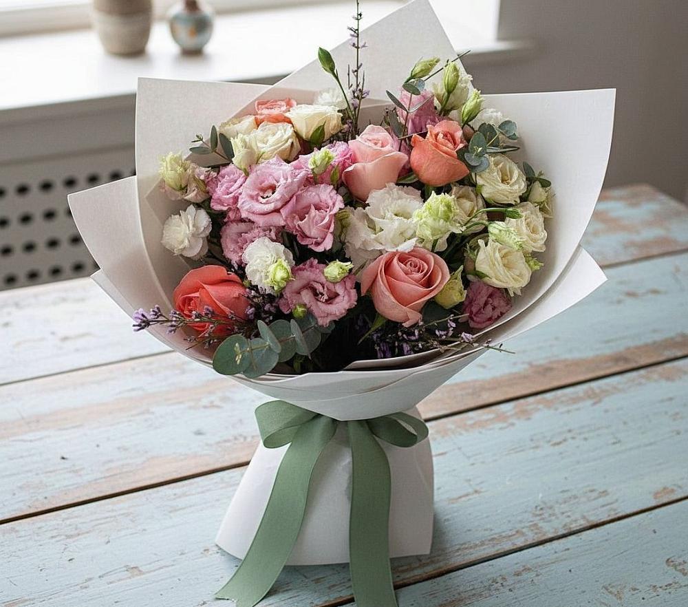 Букет цветов из: Розы, Лизиантусы и Гвоздики в Кошелево