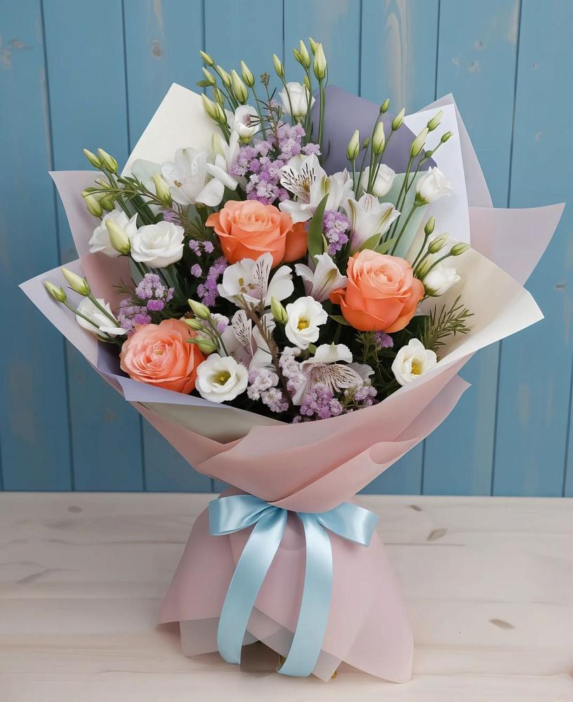 Букет цветов из: Лизиантусы, Розы, Альстромерии и Гипсофила в Кошелево