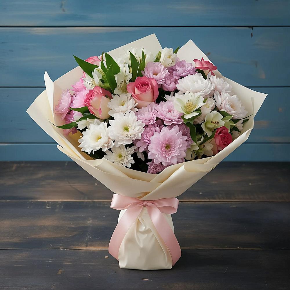 Букет цветов из: Хризантемы, Альстромерии и Розы в Кошелево